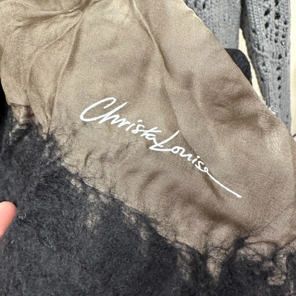 Christa Louise Scarf Handmade Wool Silk Rectangle Black Tan White‎ Artsy Boho